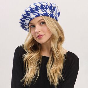 Classic Houndstooth Knit Beret Hat Women’s Winter Warm Stylish One Size
